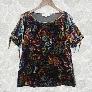 Loft Floral Velvet Cold Shoulder Tied Blouse M 3347
